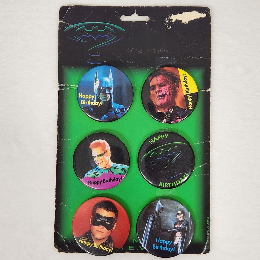 Vintage 1995 Batman Forever Happy Birthday Button Pin Set 6pc DC Comics Movie